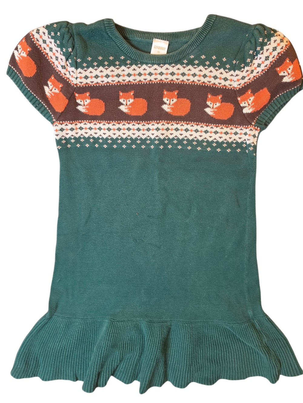 Gymboree Girls Short Sleeve Intarsia Fox Fairisle Sweater Dress 10 Green Knit